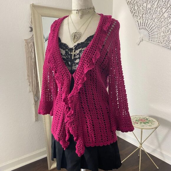 Westbound Coquette Whimsygoth Front Hook Ruffle Pink Crochet Cardigan S - Picture 3 of 8